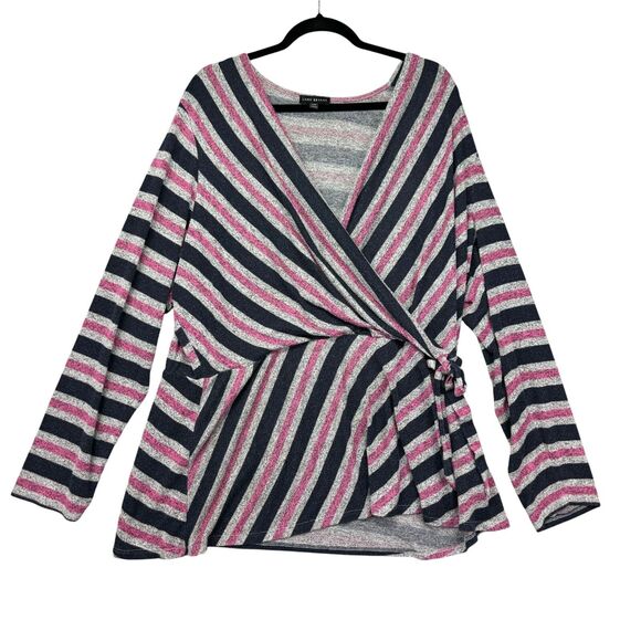 Lane Bryant Tops - Lane Bryant Top Womens 26/28 Pink Black Long Sleeve Striped Faux Wrap Knit Comfy